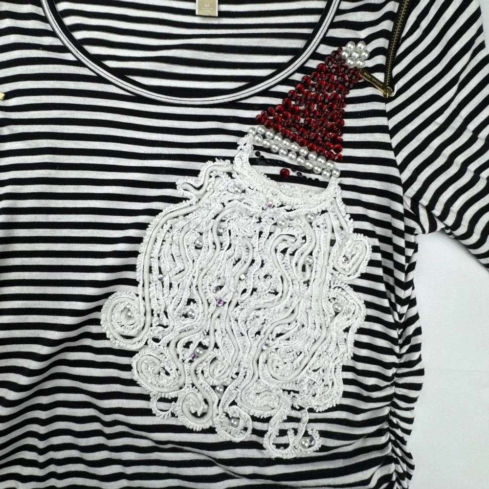Michael Kors Womens‎ Santa Striped Top M Cotton Holiday Sequin Christmas Shirt